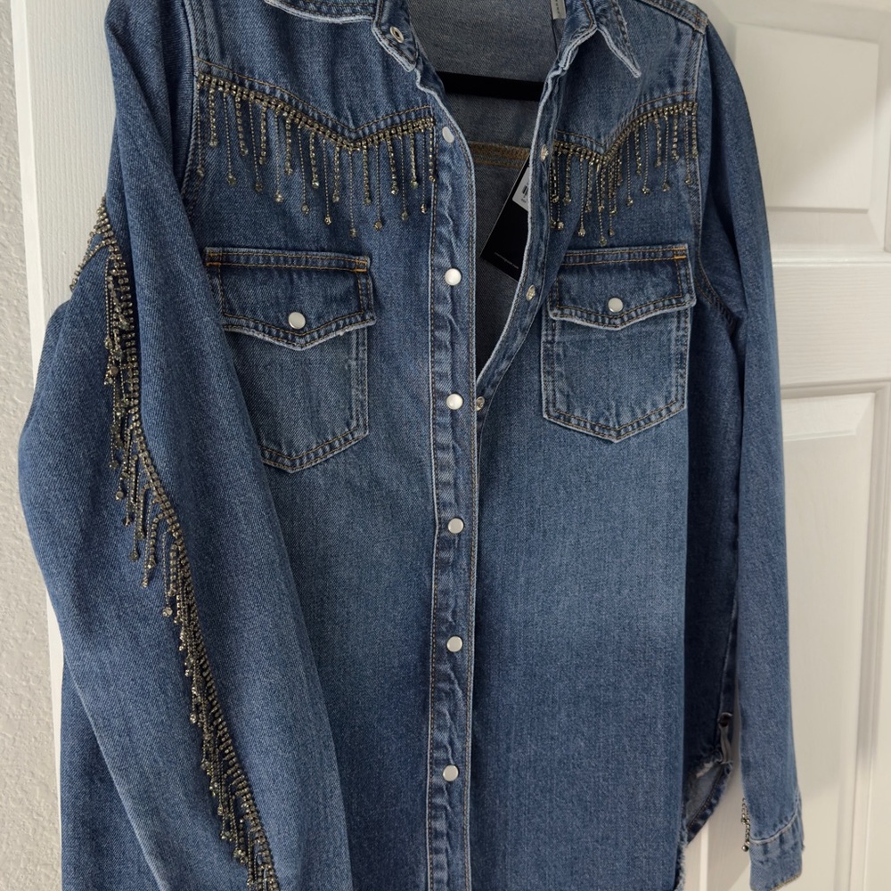 Denim Shirt Jacket with Beaded Fringe - Blue